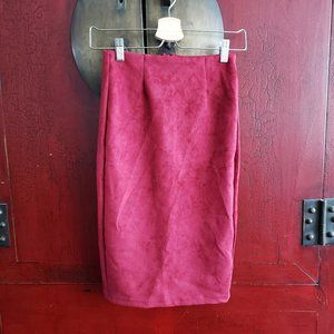 Vintage Red Suede Leather Midi Pencil Skirt with Back Slit - Size M